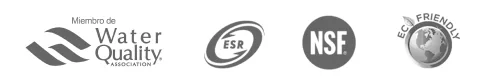 Logotipos de certificaciones Water Quality association, Empresa Socialmente Responsable, National Sanitation Foundation y Ecofriendly