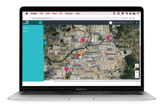Laptop mostrando la interfaz del sistema de geolocalización de Purifika