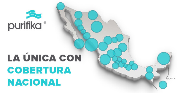 Mapa de Mexico con cobertura Purifika y leyenda "La única con cobertura nacional"