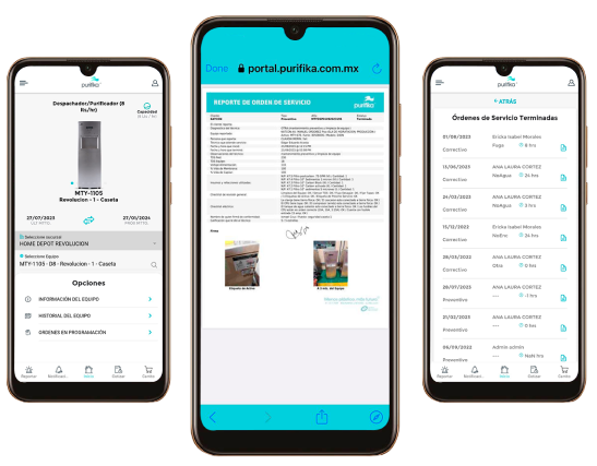 3 celulares mostrando diferentes pantallas de la app de Purifika, detalles del producto, contrato, órdenes de servicio