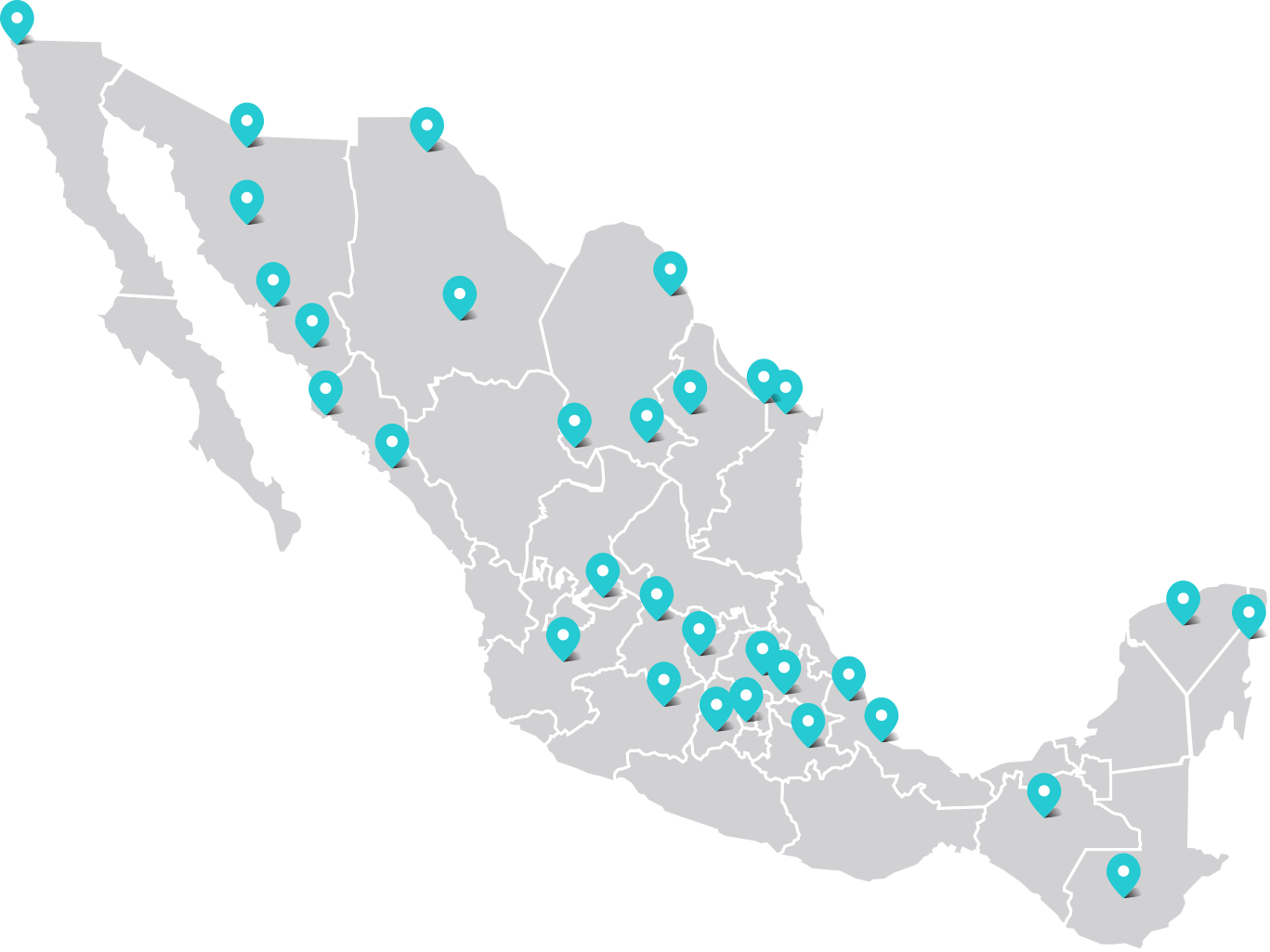 Imagen de la república mexicana indicando las ciudades donde se encuentran franquicias Purifika